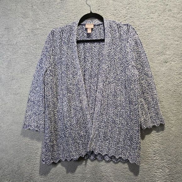 Chico's Womens Metallic Blue Crochet Cardigan Open Front  Sz 1 (M) - Sweater - Picture 1 of 8